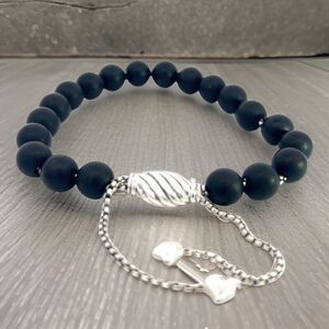 David Yurman Estate Onyx Polished Beads Bracelet 6.6 - 8.5" Silver 8 mm DY547